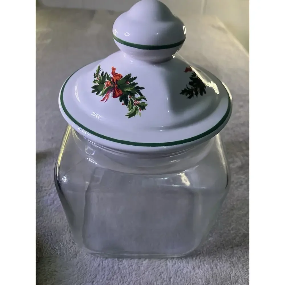Pfaltzgraff Christmas Heritage Candy Jar 1 qt Glass Clear/Red/Green/White 47226